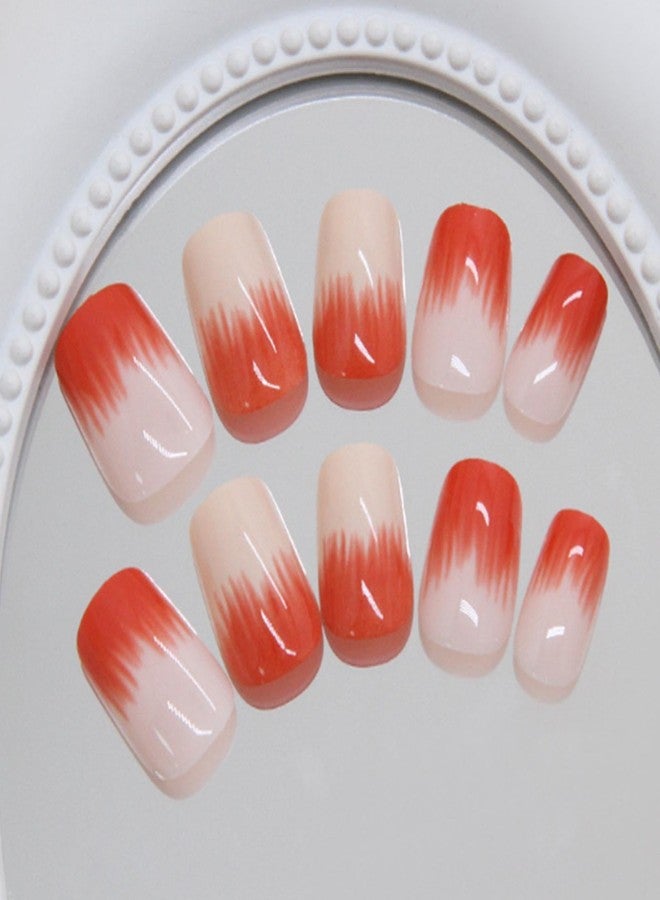 YoYoee 24Pes Short Press on Nails - Square Fake Nails Nude Gradient False Nails Full Cover Apple Pattern Nails Tips for Women - Image 4